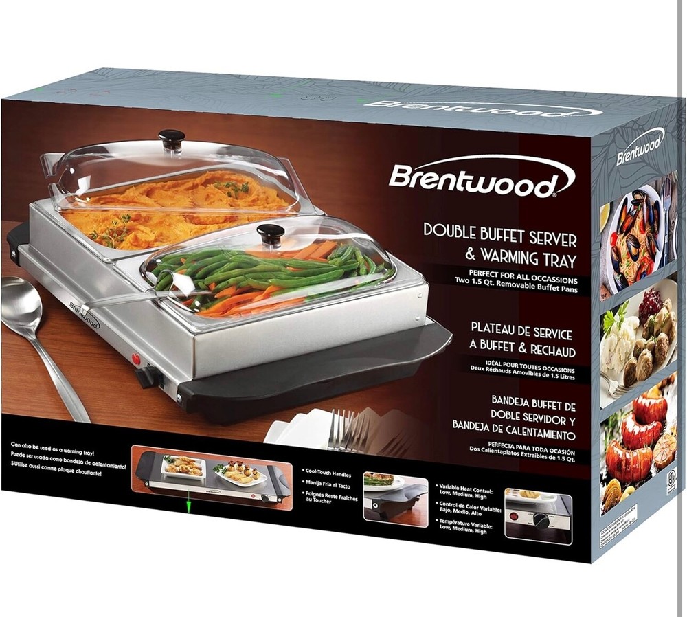 Brentwood Double Buffet Server & Warming Tray (Two 1.5 Qt. Removable Buffet Pans