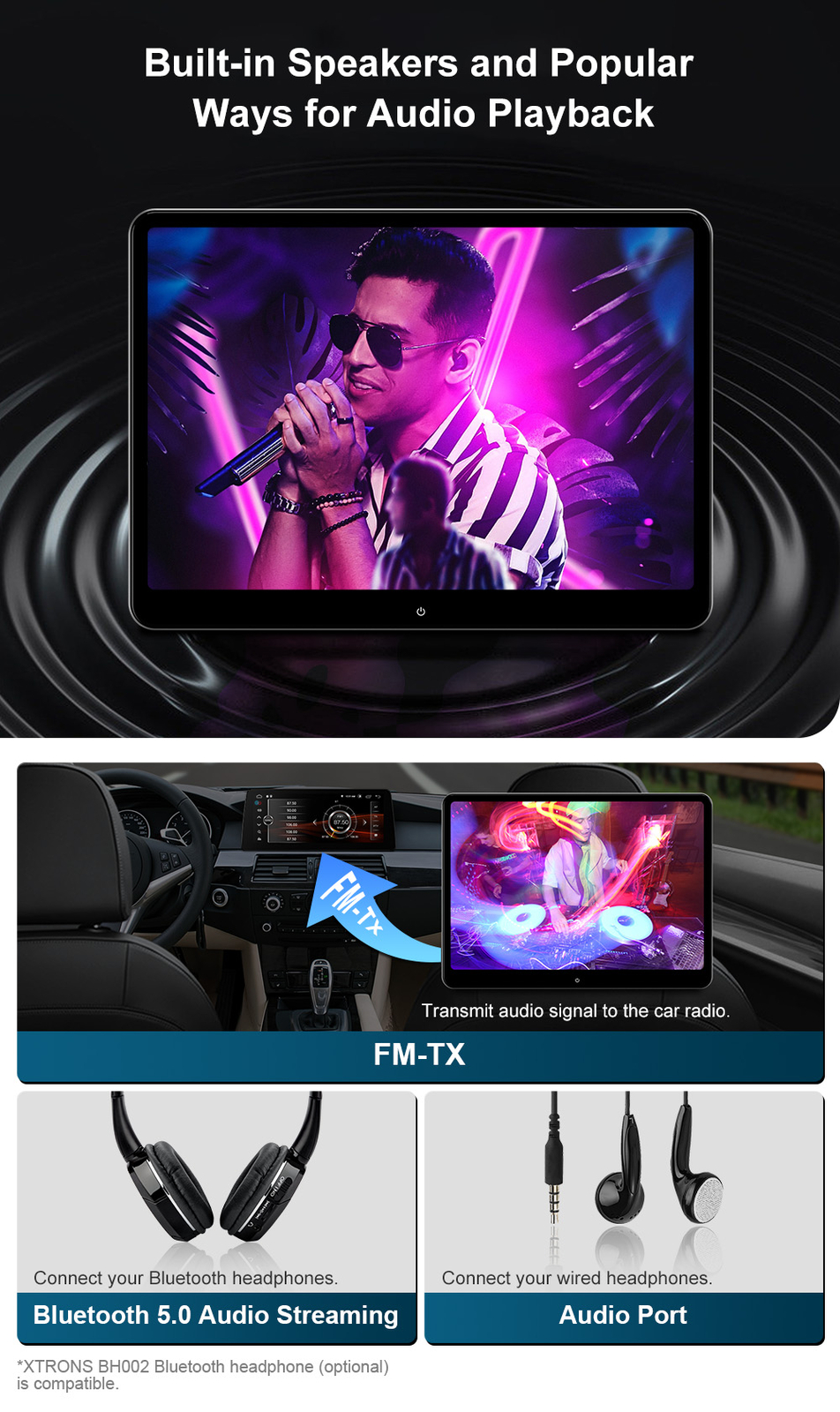 14" Android 64GB QHD Screen Car TV Backseat Headrest Monitor 4K WiFi +Headphones