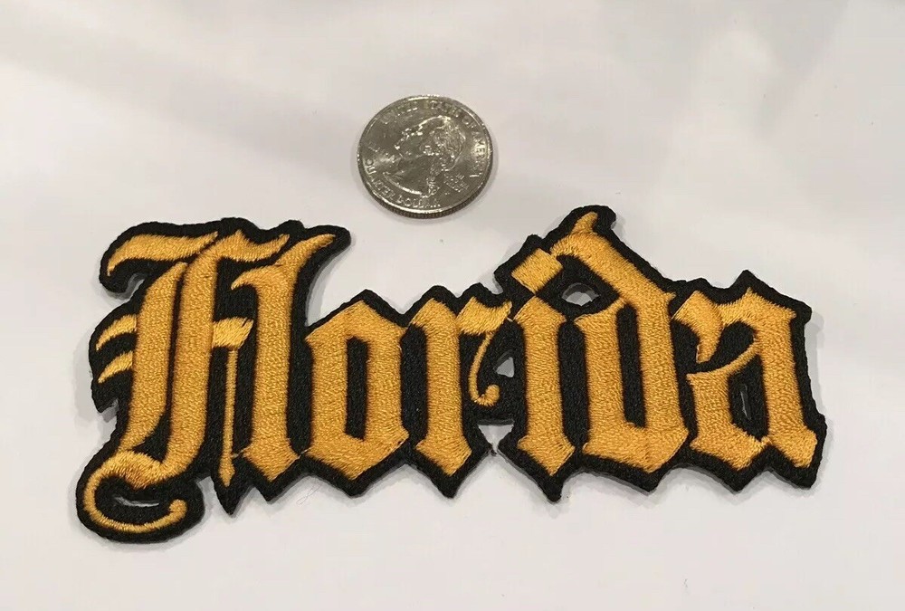 VINTAGE IRON ON EMBROIDED PATCH FLORIDA PATCH "GOLD " 4"x 2"