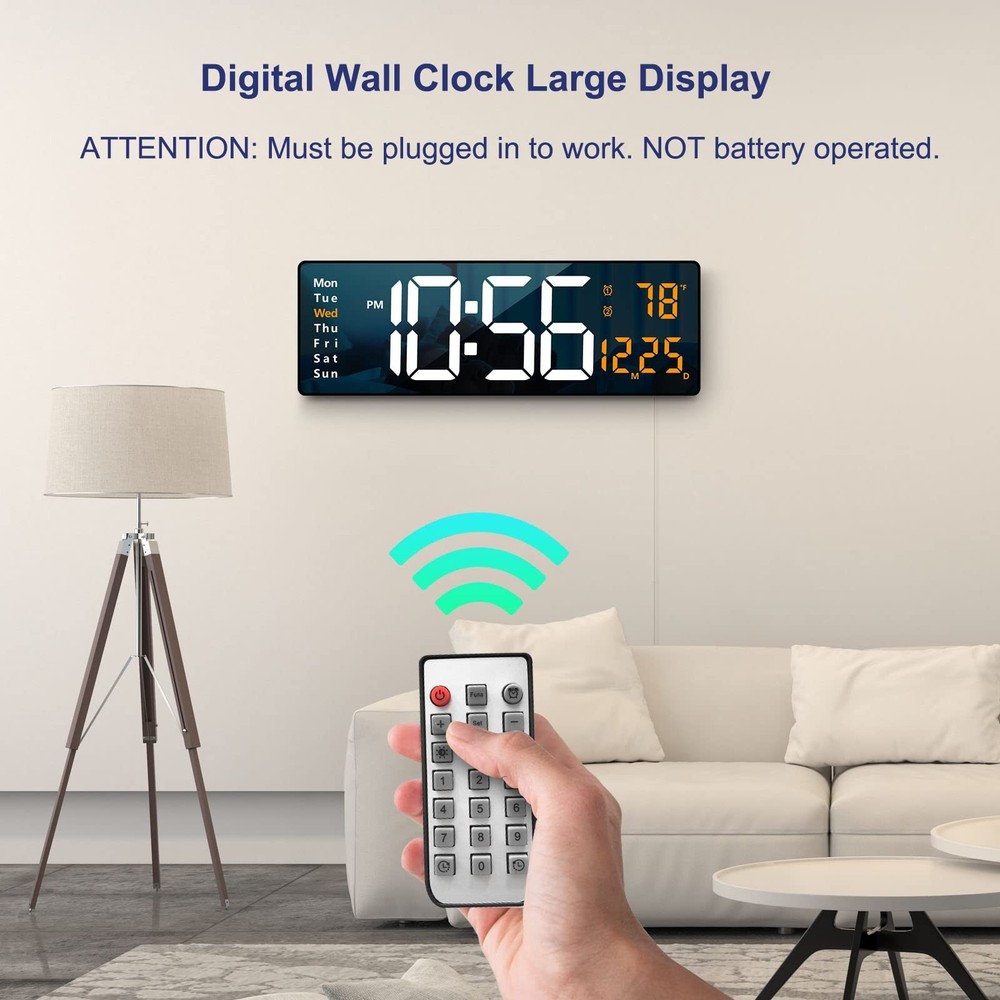 Digital Wall Clock Large Display, 16.2 Inch , LED Digital Clock with Remote C...