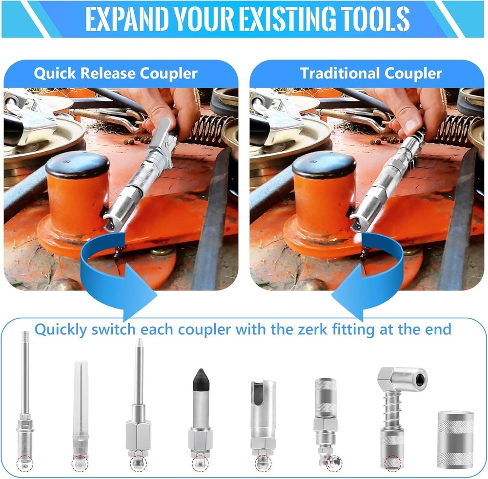 PONEYA 9 PCS Grease Gun Couplers, Quick Connect Greasing Accessory Kit 9pcs