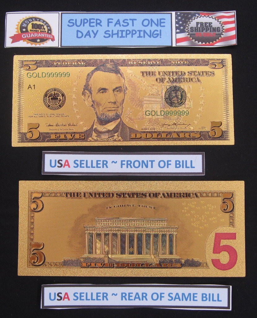 24k Gold Foil Plated US Currency Banknote Set-8 Bill Collectible Novelty