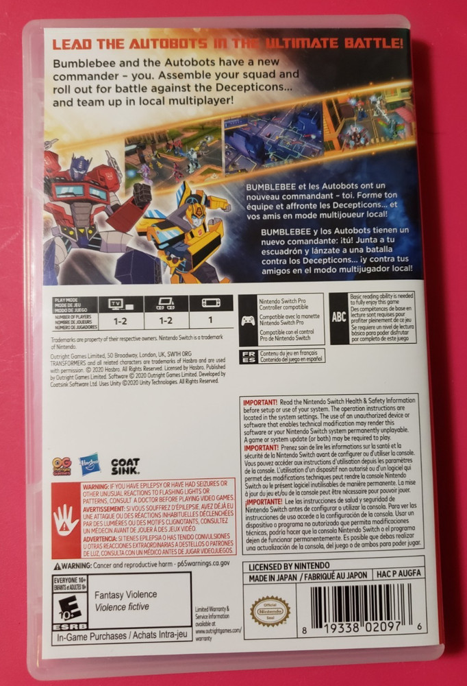Transformers Battlegrounds CASE ONLY - Nintendo Switch NO GAME