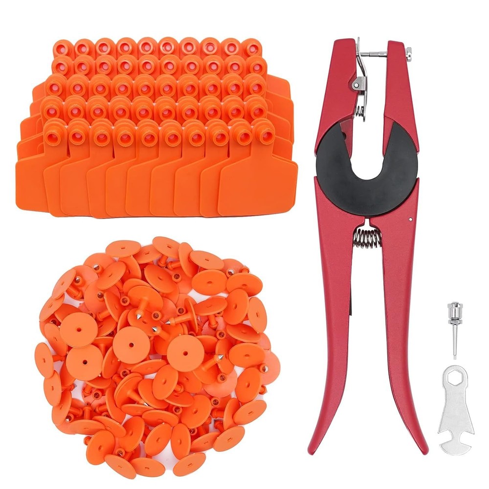 100 Sets Orange Blank Cattle Ear Tag with Applicator Livestock ID Kits