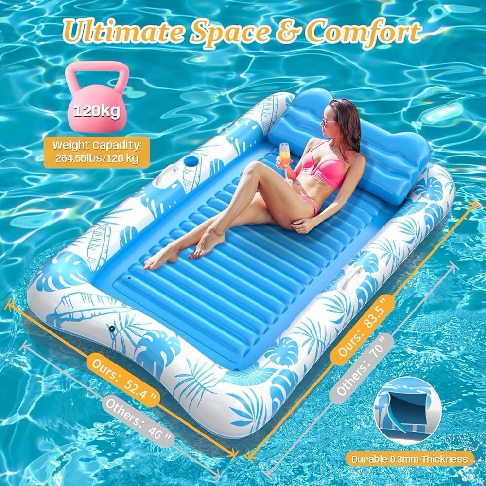 Rrtizan Inflatable Tanning Pool Float, 4-in-1 Lounge with Pillow & Cup Holder