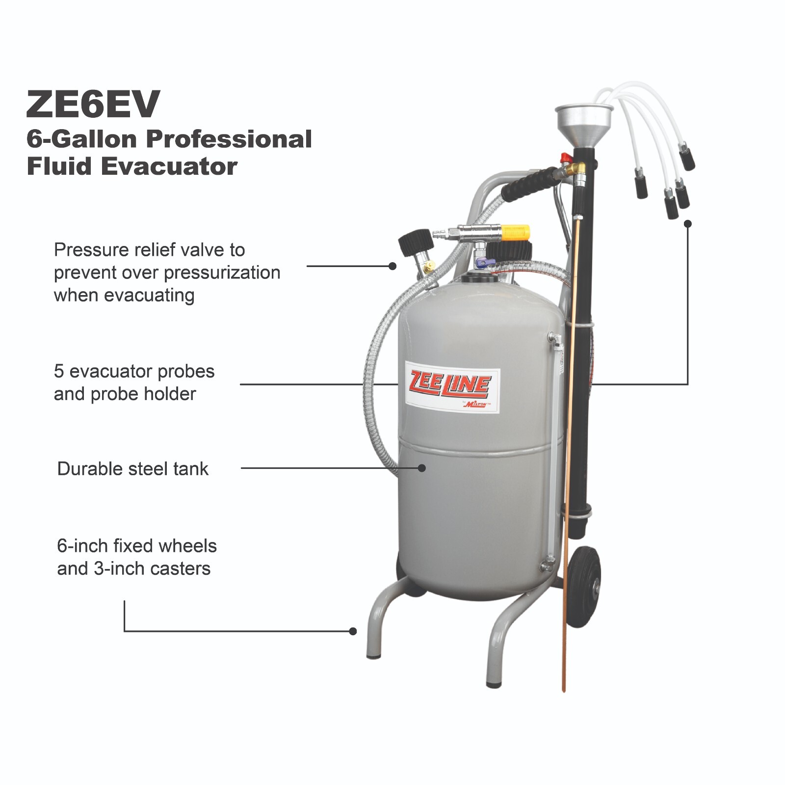ZEELINE by Milton ZE6EV – 6 Gal. Pro Fluid Evacuator, 6" Wheels, 5' Evac Hose
