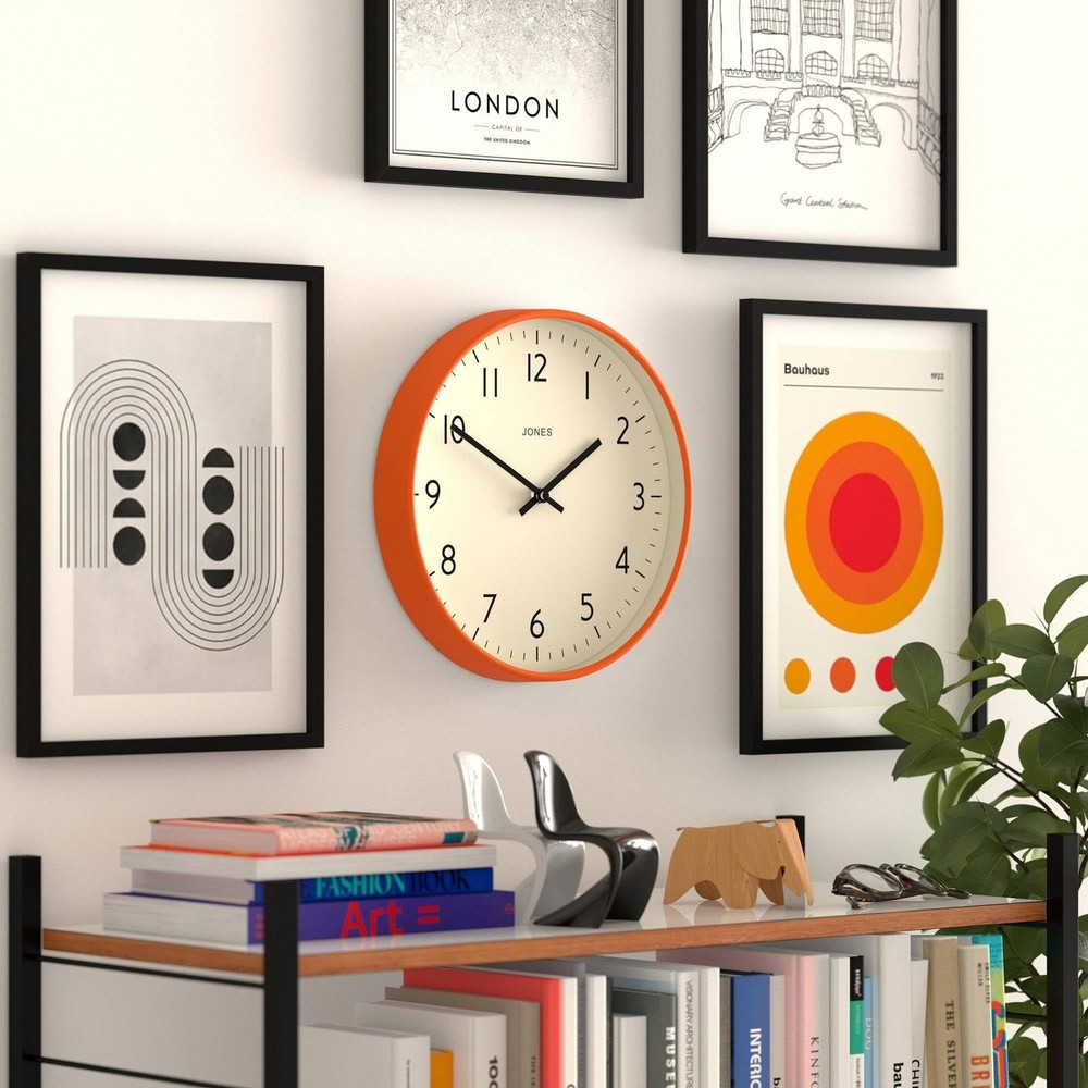JONES CLOCKS® Studio wall Clock | Modern Round Style | 12 inch | Orange | E