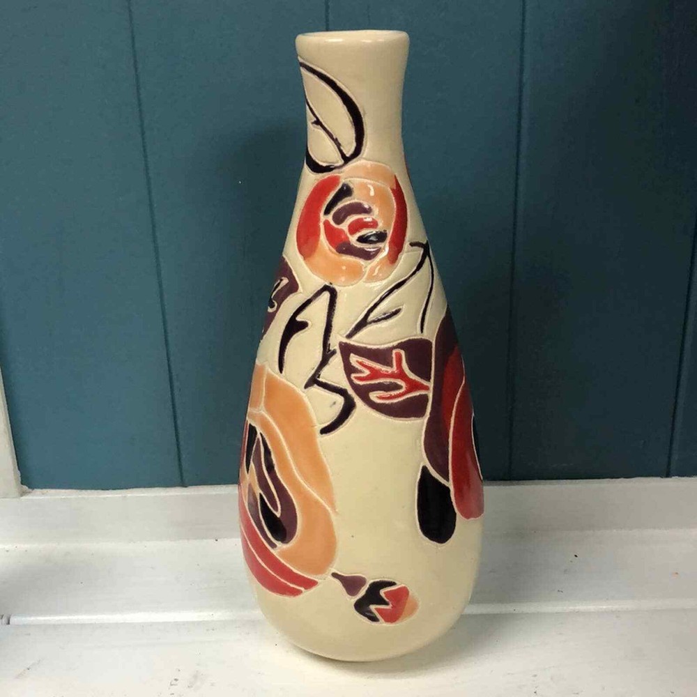 Ceramic Engraved Full abstract Rose Leaf Bud Pattern-Stained Enamel 11” Vase