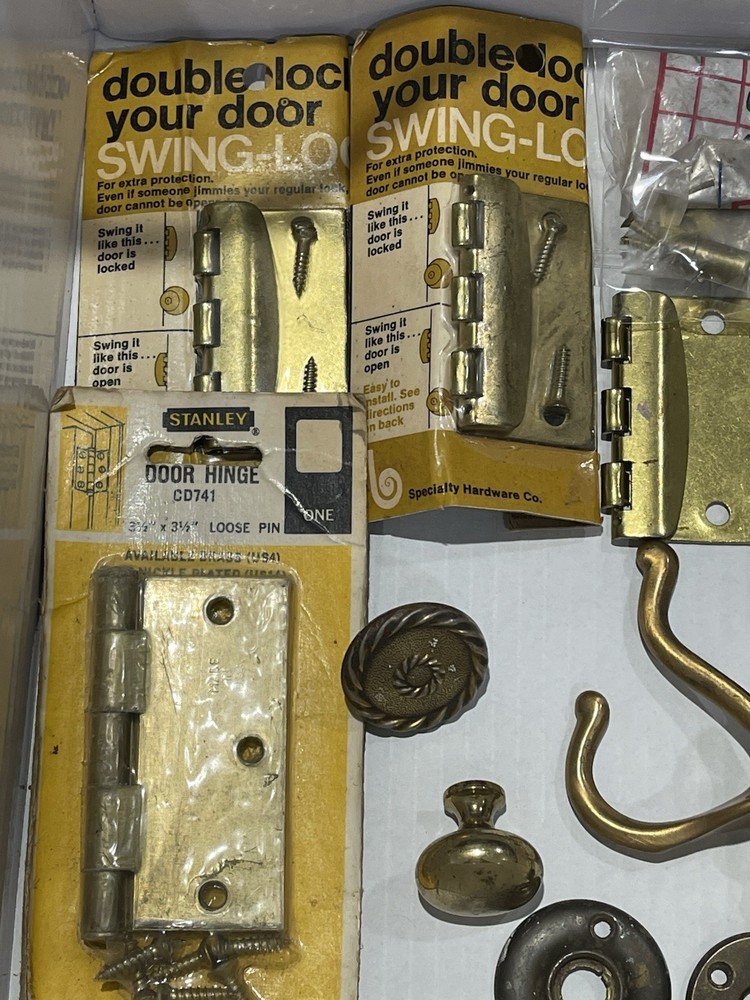 15 Pc Mixed Lot VTG Brass Hardware Junk Drawer Hooks Hinges Backplates Knobs