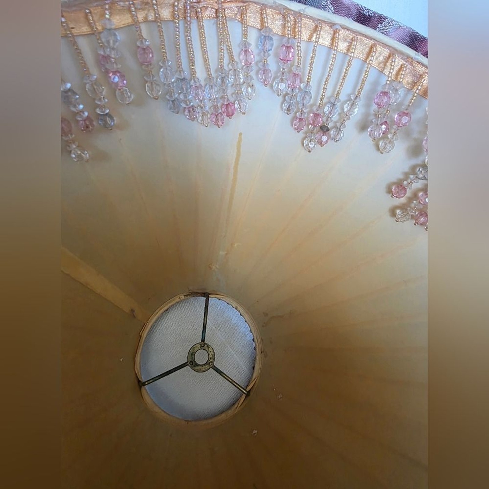 Vtg Threshold Home Brand Champagne Bell Lamp Shade Pleated Fabric Beaded Fringe