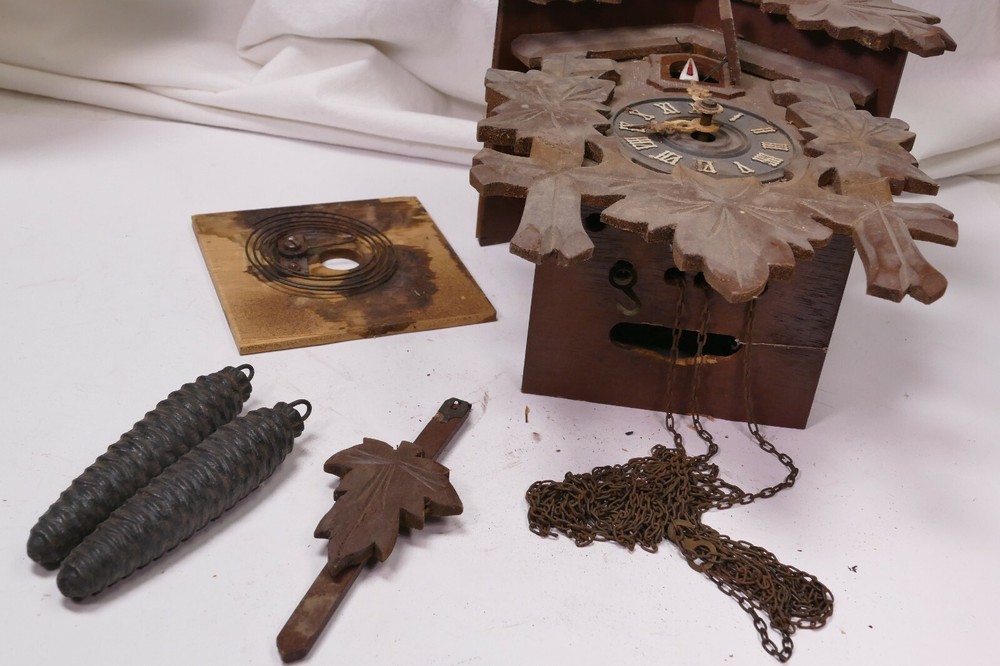 Vintage Hand Carved Cuckoo Clock Mfg. Co. Germany with weights - needs work