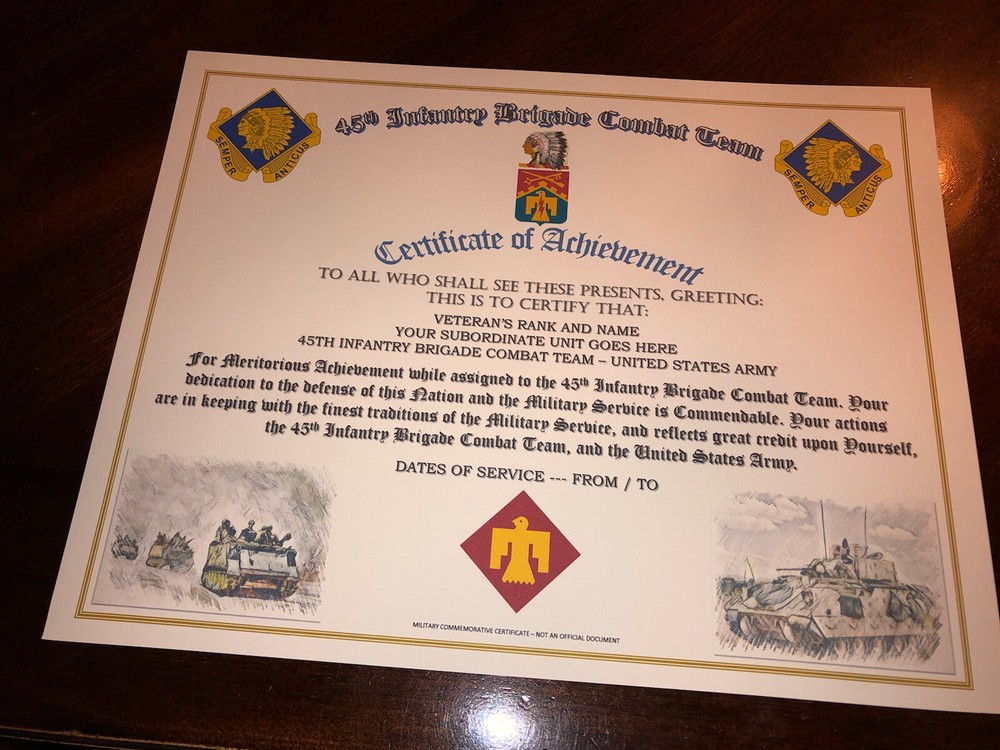 45TH INFANTRY BRIGADE COMBAT TEAM - COA / (COMMEMORATIVE CERTIFICATE)