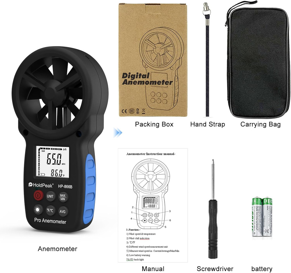 Holdpeak 866B Digital Anemometer Handheld Wind Speed Meter for Measuring Wind