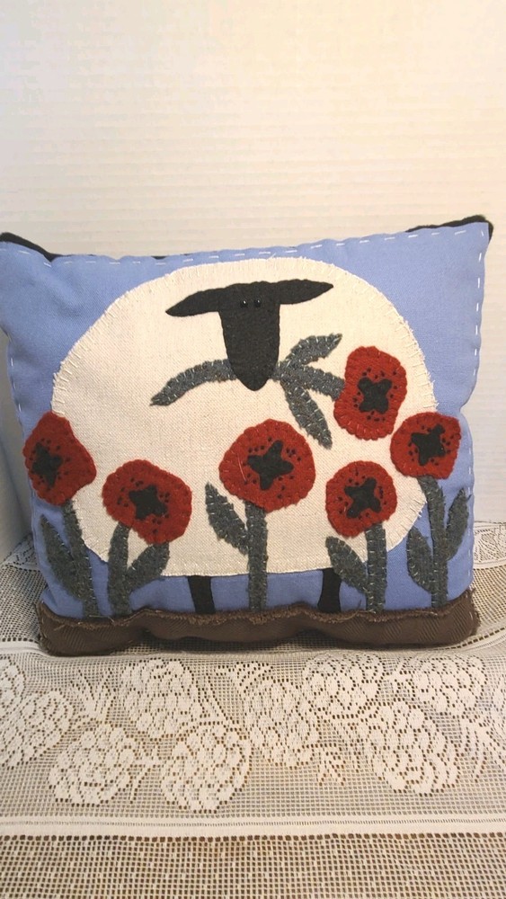 Picking Poppies Sheep Applique' Pattern Throw Pillow