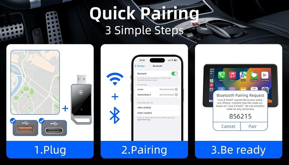 Carplay Adapter for iPhone - Plug/Play - Wired to Bluetooth - USB Types A&C