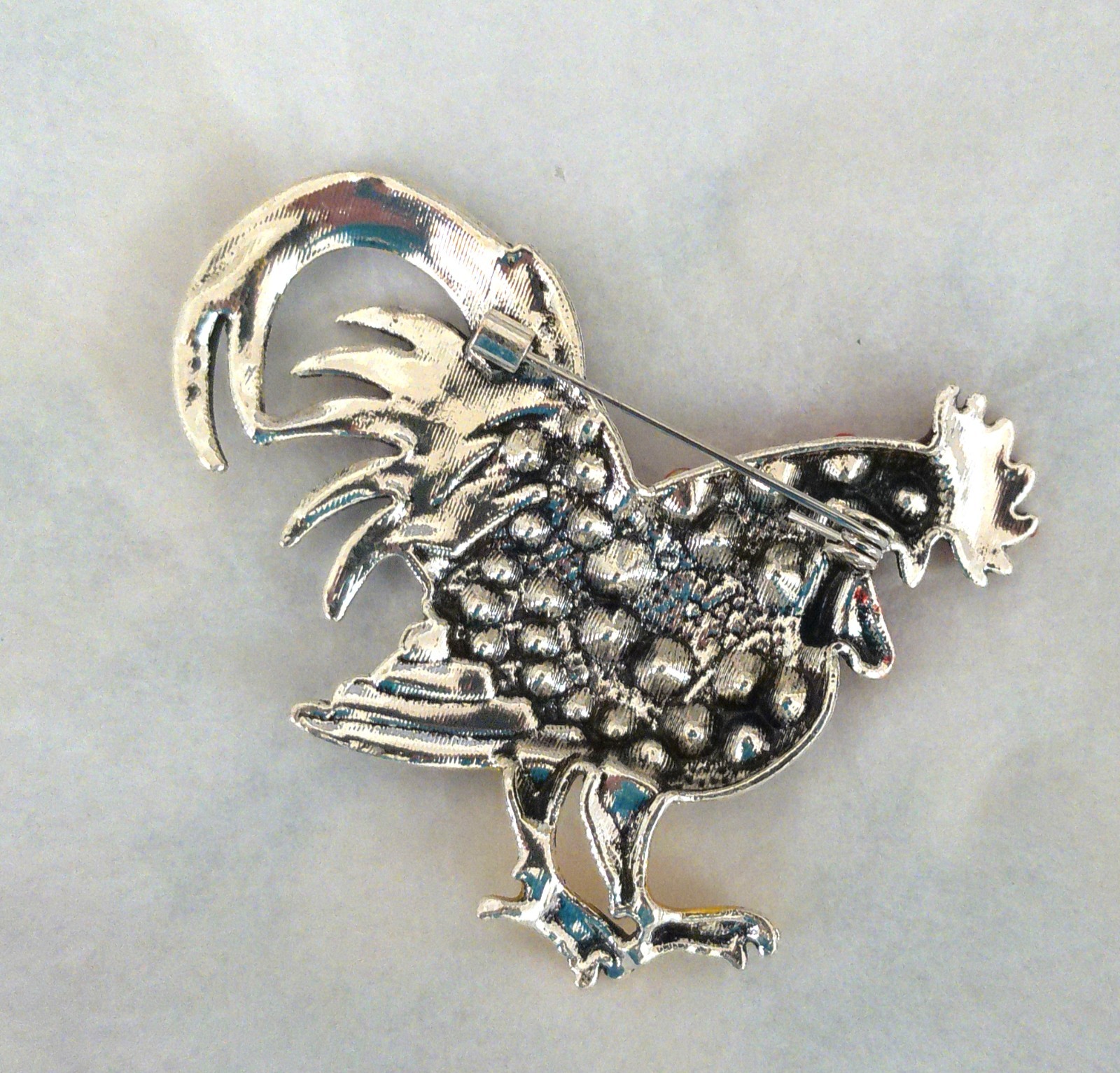 New Silvertone Rooster Chicken Red Crystals Multi Enamels as Accents Pin Brooch