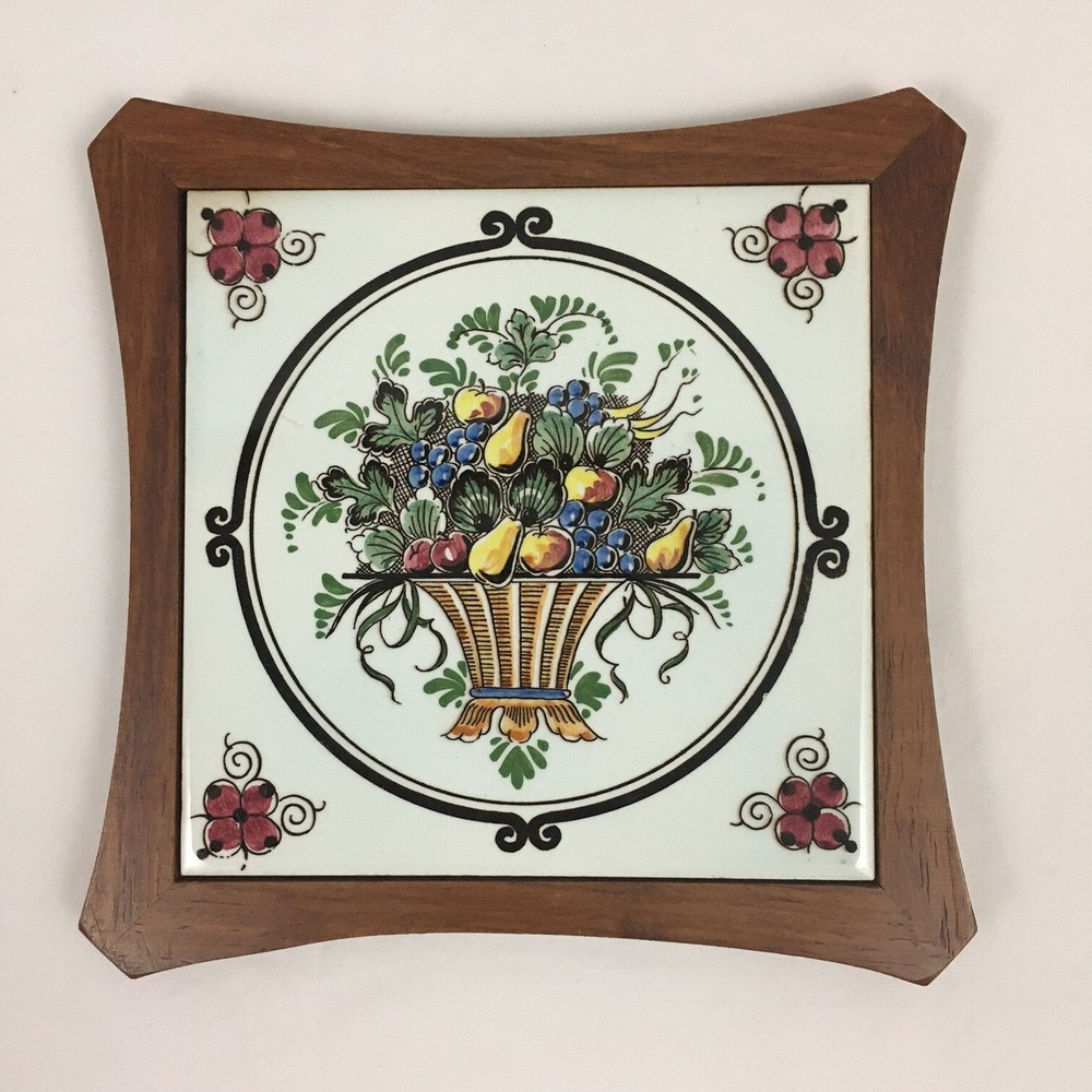 VTG Fruit Basket Tile Wood Trivet Decor