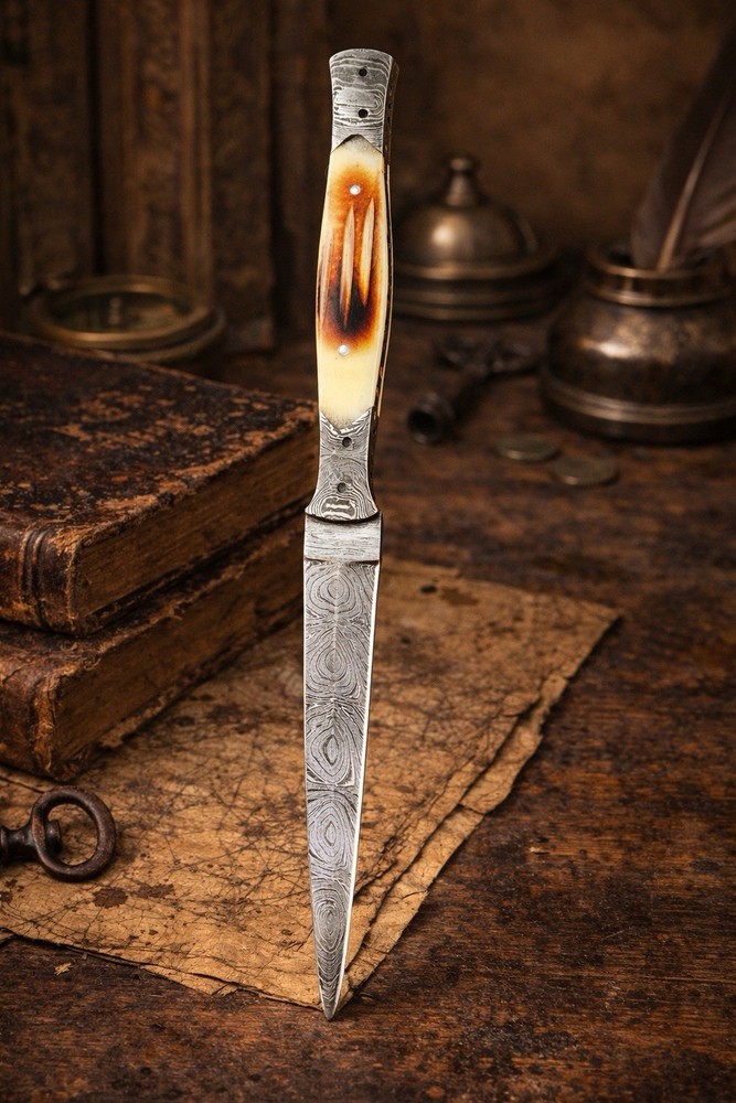 Fix Blade Double edge Dagger Damascus knife Boot Hunting Tactical Camel Bone