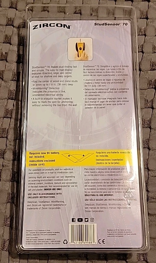 Zircon Studsensor 70 Center Finding Stud Finder Live AC Wire Warning & Marker