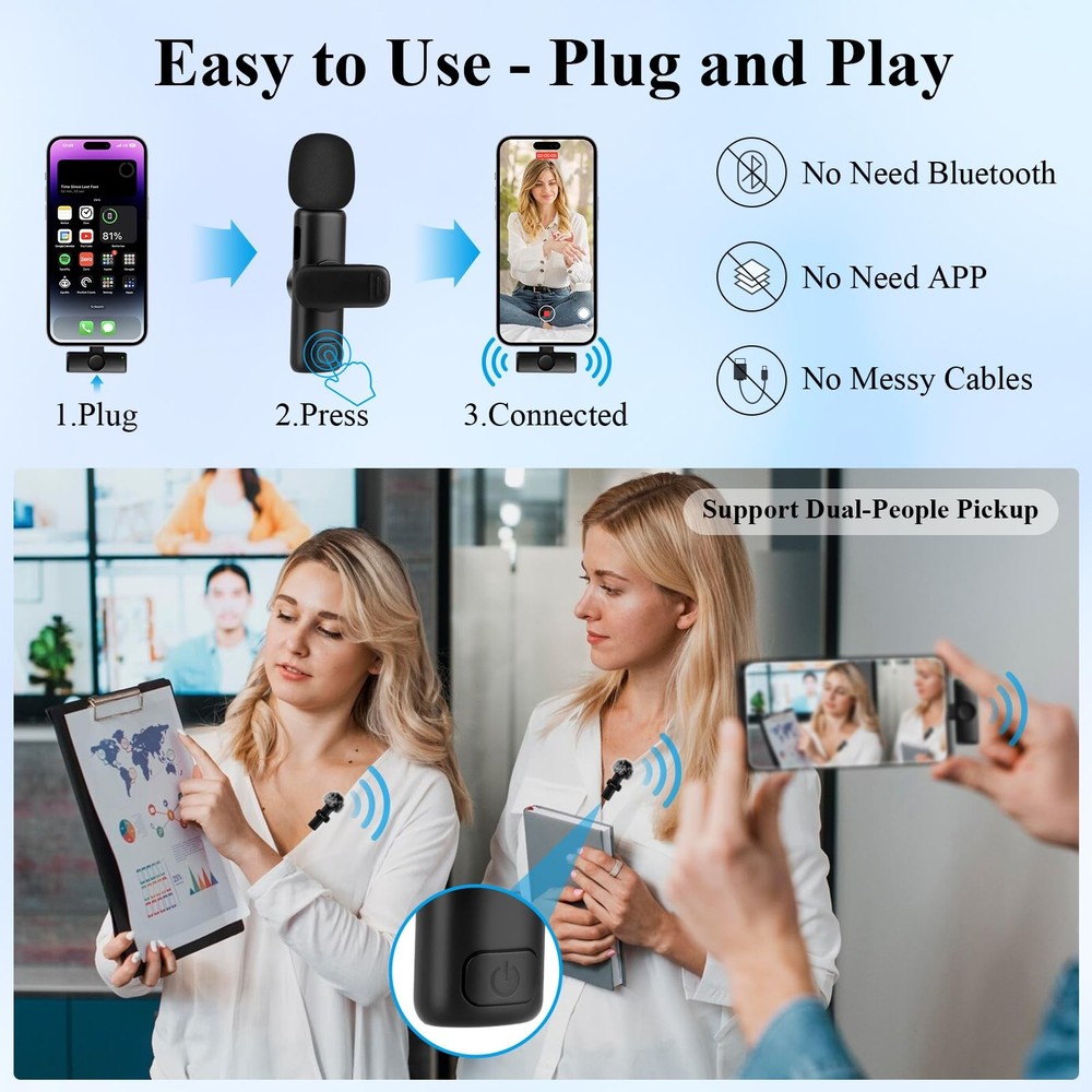 Nefuo 2 Pack Professional iPhone Wireless Lavalier Microphone for iPad, Cryst...