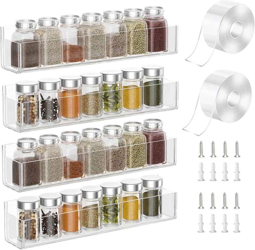 Space-Saving Wall-Mounted Acrylic Spice Rack - Strong & Elegant Design - 4 Pack