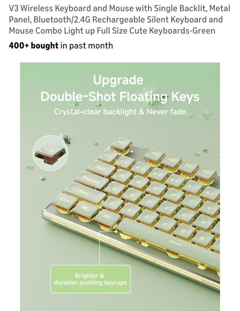 V3 Wireless Keyboard and Mouse with Single Backlit, Metal Panel, Bluetooth Green