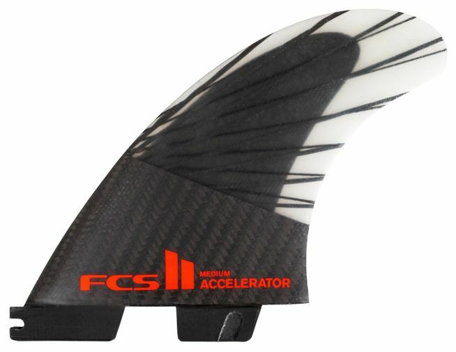 FCS II Accelerator Surfboard 3 Fin Set Performance Core Carbon Medium B/Red New