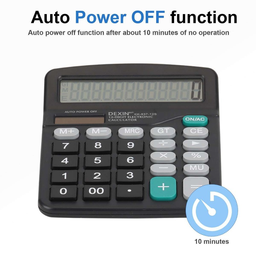 Large 12-Digit Desktop Calculator Dual Power Big Button Black