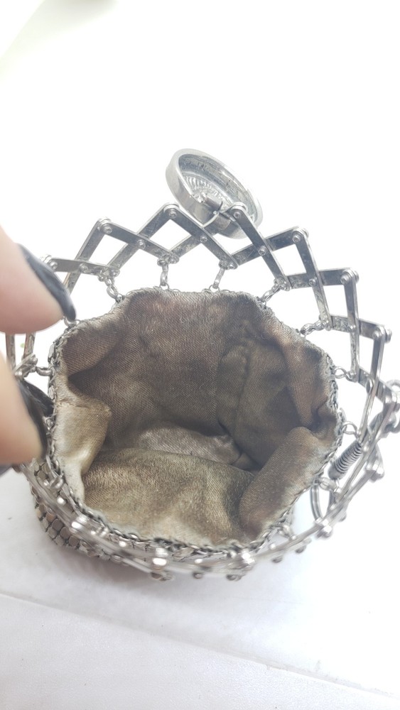 Vintage chatelaine Silver Mesh Coin Purse Compact Expanding Frame Enamel Accent