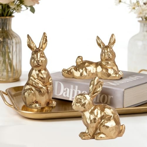 3pcs Gold Bunny Easter Decor,Small Rabbit Figurines for Spring Table Vintage