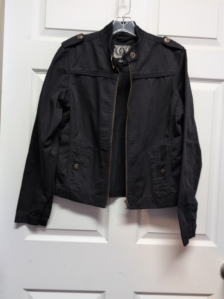 Volcom Black  Lightweight Jacket  Size  L  Full  Zip Pockets Snaps Elastic Sides