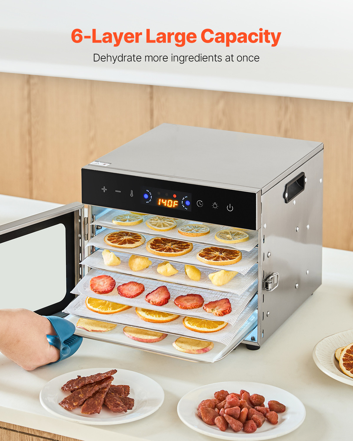 VEVOR 6 Trays Food Dehydrator Machine Stainless Steel 400W Jerky Fruit Drying