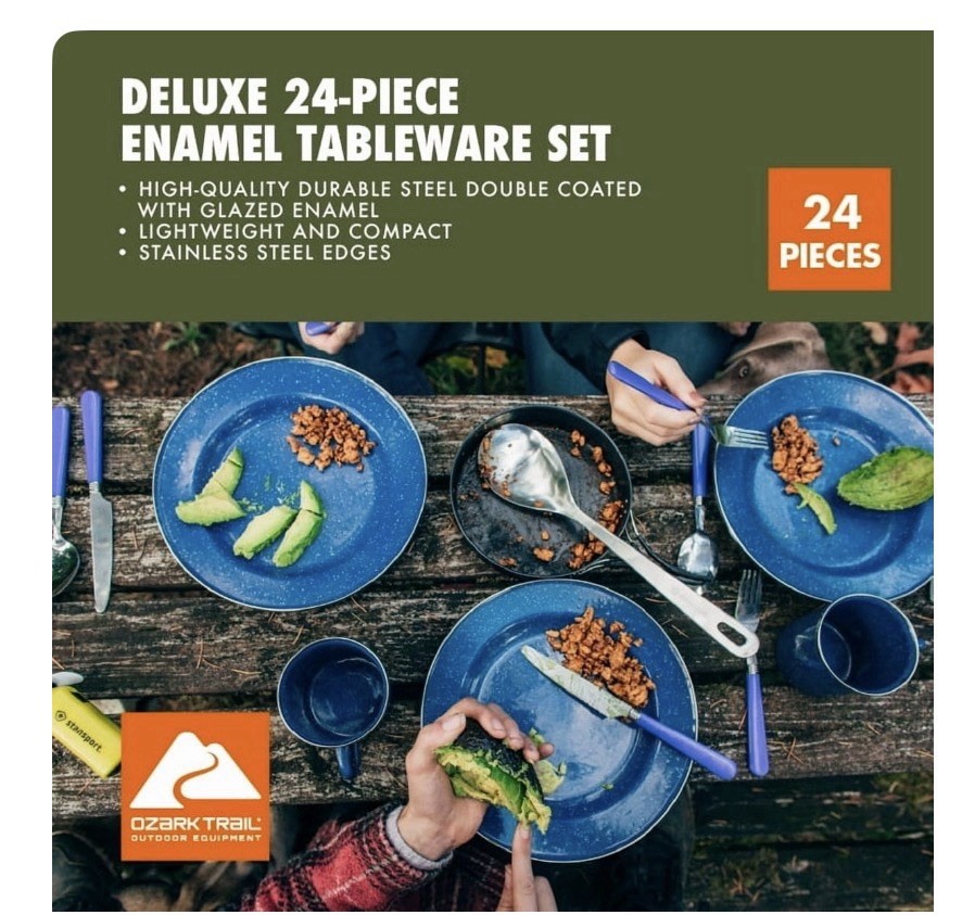 24 Piece Dinnerware Enamel Set Blue Camp Ready Ozark Trail New