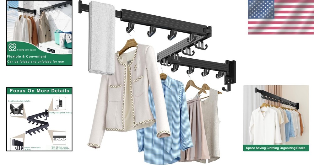 Upgraded Wall-Mounted Drying Rack - Foldable Space-Saving Solution with 12 Hooks