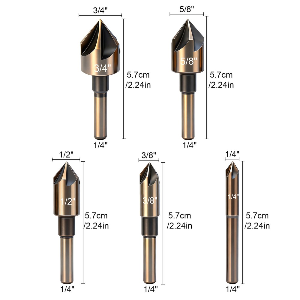 5x HSS Countersink Drill Bits 82° 1/4"-3/4" For Deburring Chamfering Flush Screw