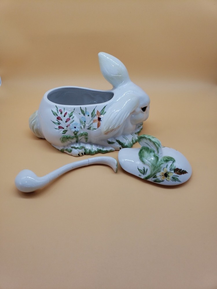 Italian Rabbit Ceramic Bunny Covered Dish With Spoon