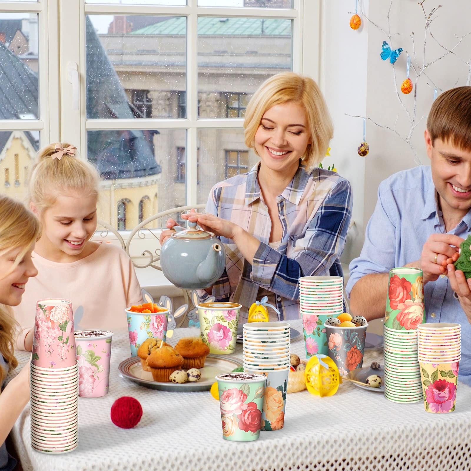 150 Pcs Floral Paper Cups 12 oz Vintage Flower Disposable Cups for Afternoon Tea