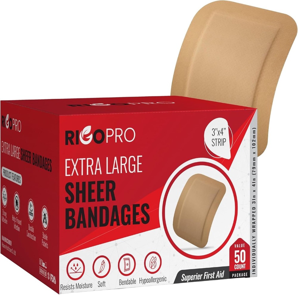 - 50 Pack 3”x4” Extra Large Band Aids, Latex-Free Adhesive Bandages, Large Ba...