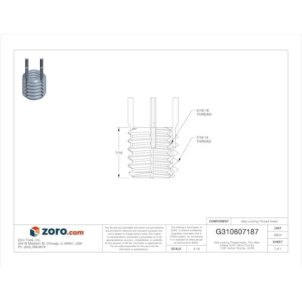 Key Locking Thread Insert, Thin Wall, 4 Keys, 5/16"-18 Int Thrd Sz, 7/16"-14