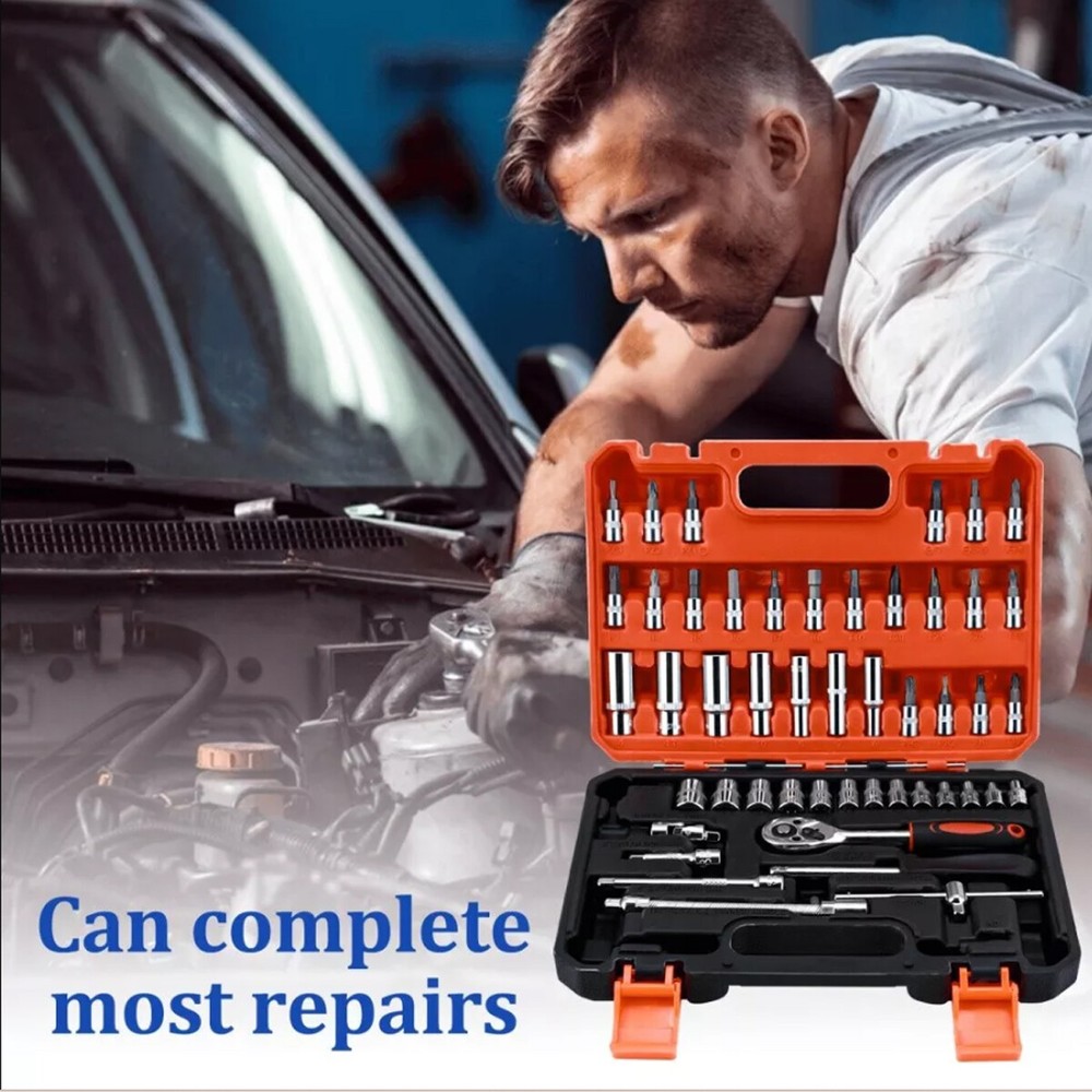 53 Pcs Socket Set 1/4" Drive Socket & Ratchet Set 6-Point SAE & Metric Tool Set