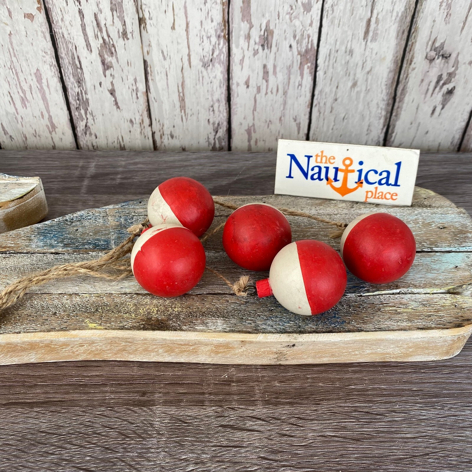 5 Wood Bobbers On Jute Rope, Distressed Red & White Fish Net Floats, Decor