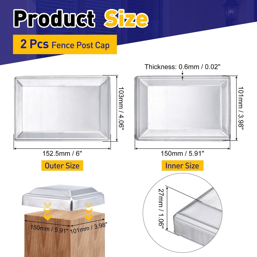 2Pcs Fence Post Cap, Galvanized Deck Post Caps Fit 5.9" x 4" Pipe, Silver