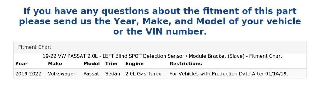 19-22 VW PASSAT 2.0L - LEFT Blind SPOT Detection Sensor / Module Bracket (Slave)