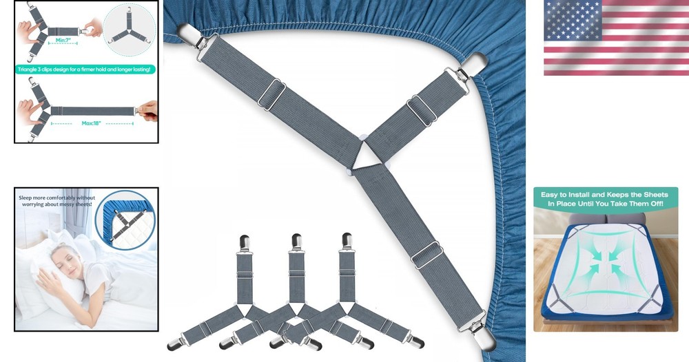 4-Pack Gray Fitted Sheet Straps – Adjustable, Durable Design for Perfect Fit