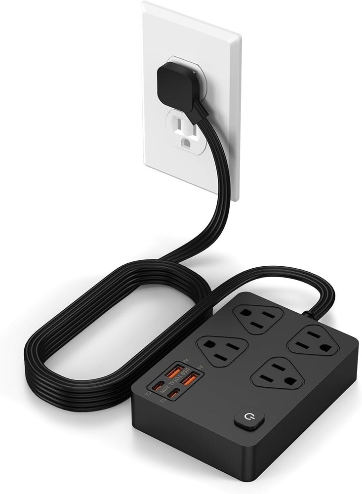 Flat Plug Power Strip Surge Protector, 5Ft Ultra Thin Extension Cord with 4 USB