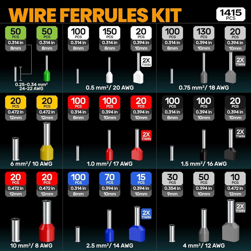 Complete Crimping Tool Kit: 24 Sizes Insulated Ferrules with Wire Stripper