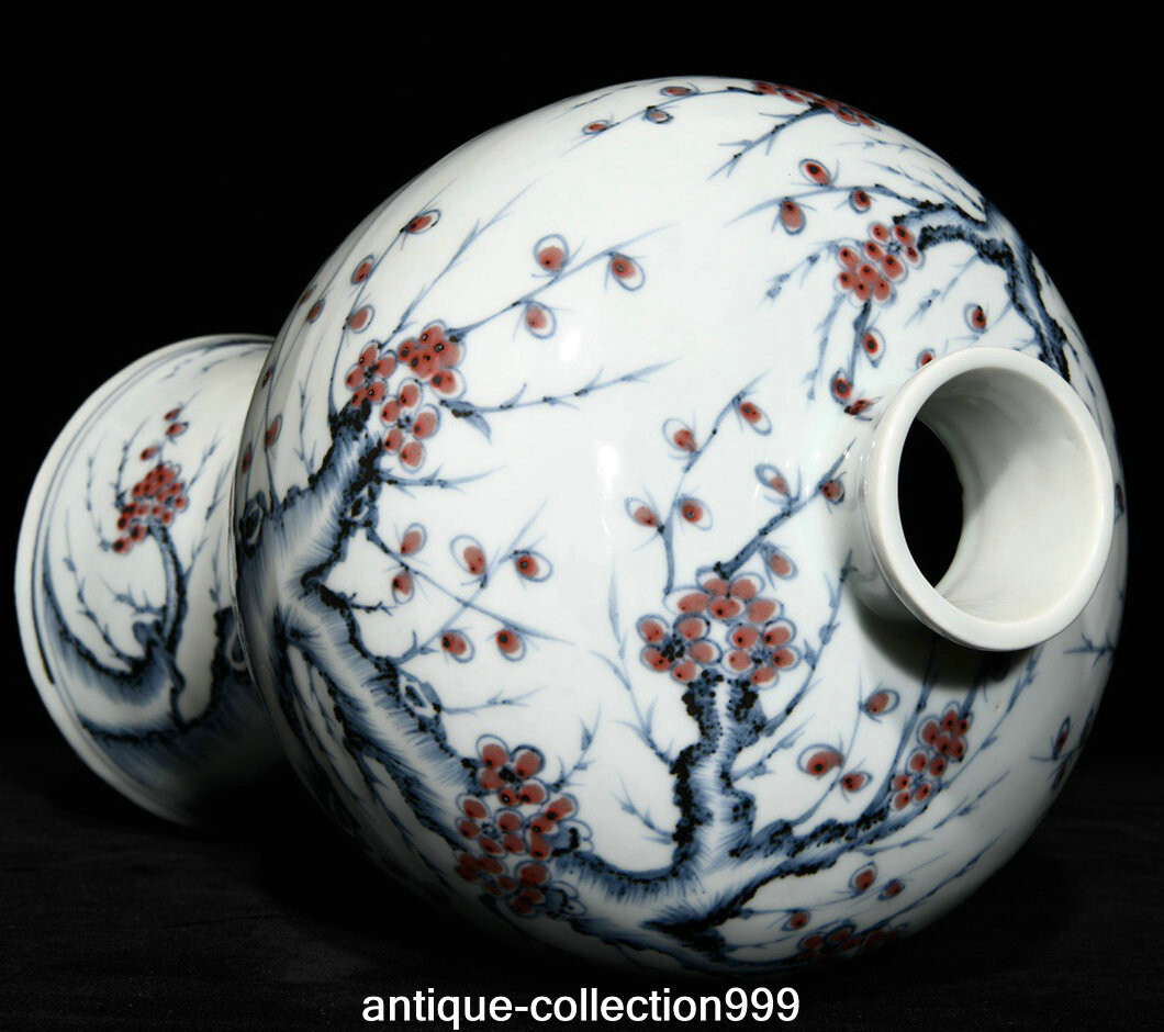 13" Old Dynasty Blue White Underglaze Red Porcelain Plum Flower Bottle Vase Pair