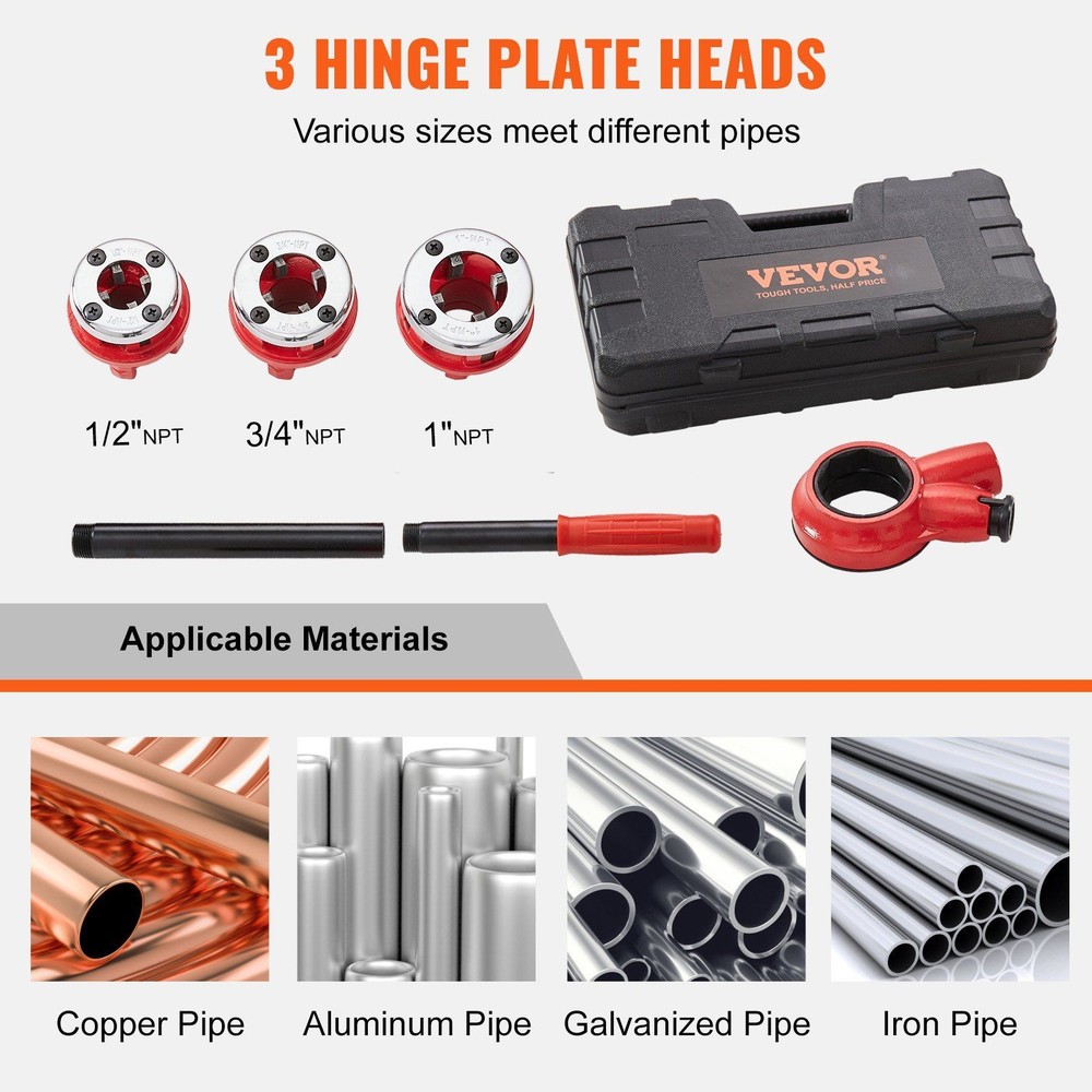 1/2" 3/4" 1" NPT Threading Set with 3 Dies for Construction Projects