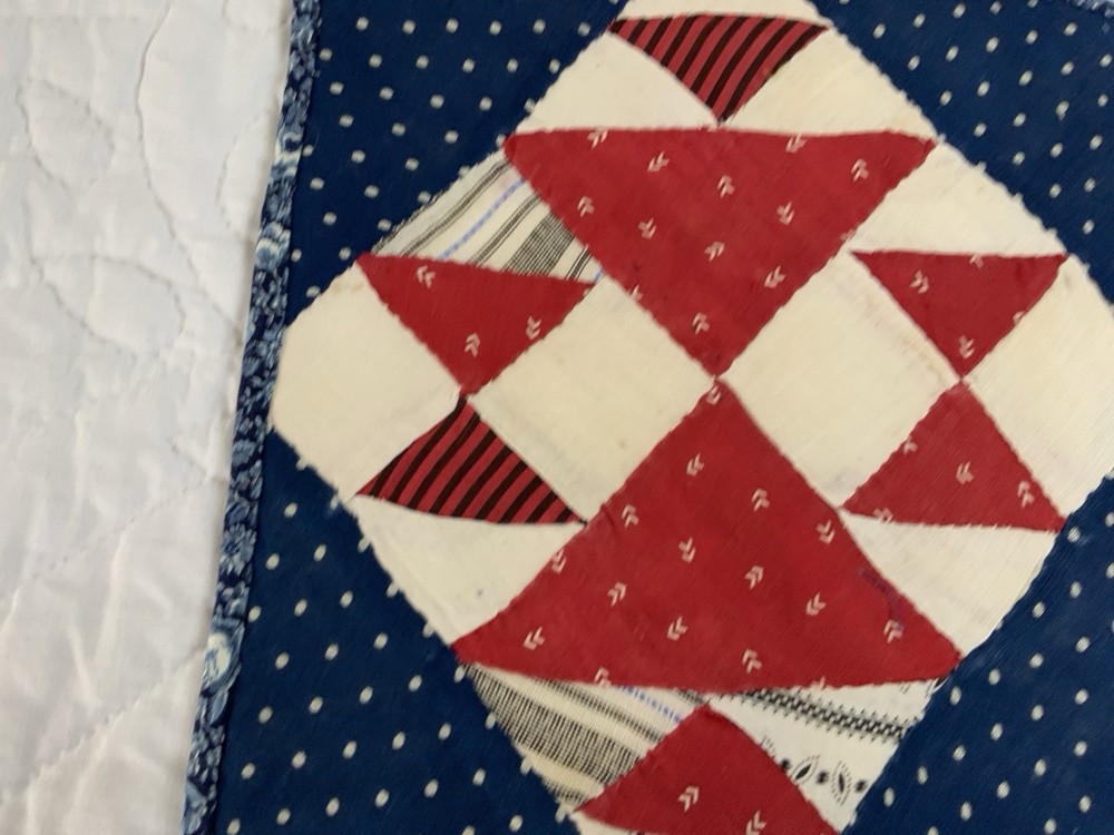 Antique Vintage Patchwork Quilt Table Topper, Four Patch W/ Triangles, Red, Navy