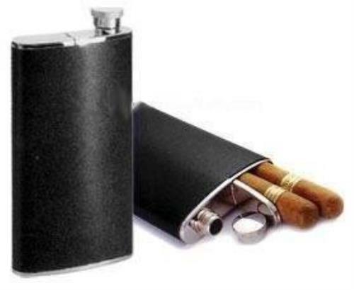 Cigar Case Flask Combo Hip Flask (4 Oz) w/ Cigar Holder (6-1/2")